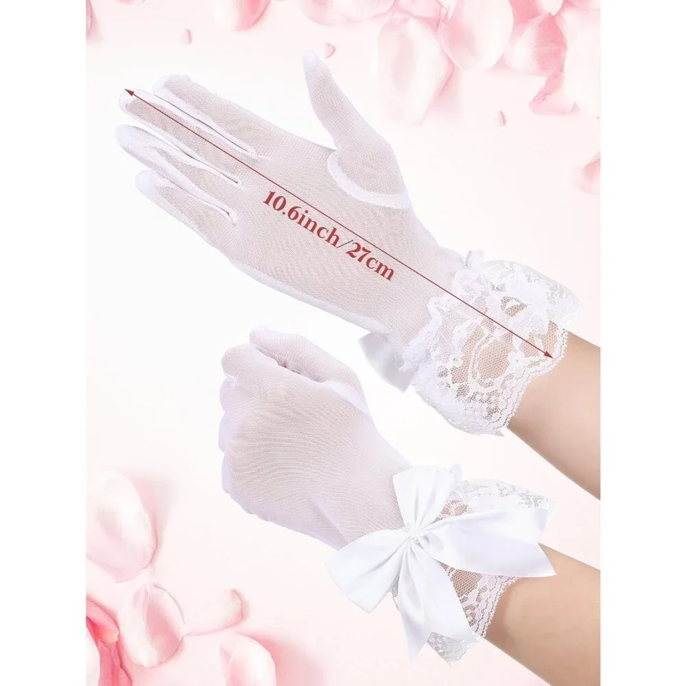 Women's Evening White Elegant Short Lace Bow Gloves Party Wedding Accessories